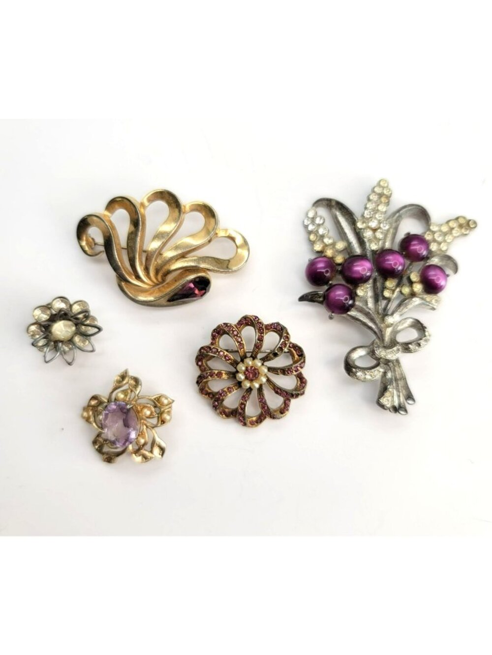 Vintage Brooch and Pin Set Gold Silver Amethyst Rhinestone Marvella CT545